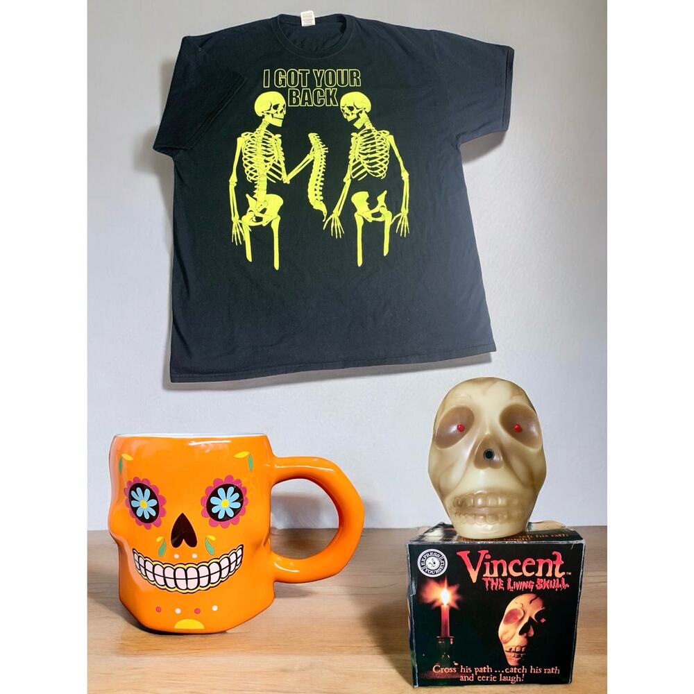 Halloween Bundle: Skeleton Shirt 2Xl, Vincent the Living Skull, Sugar Skull  Mug